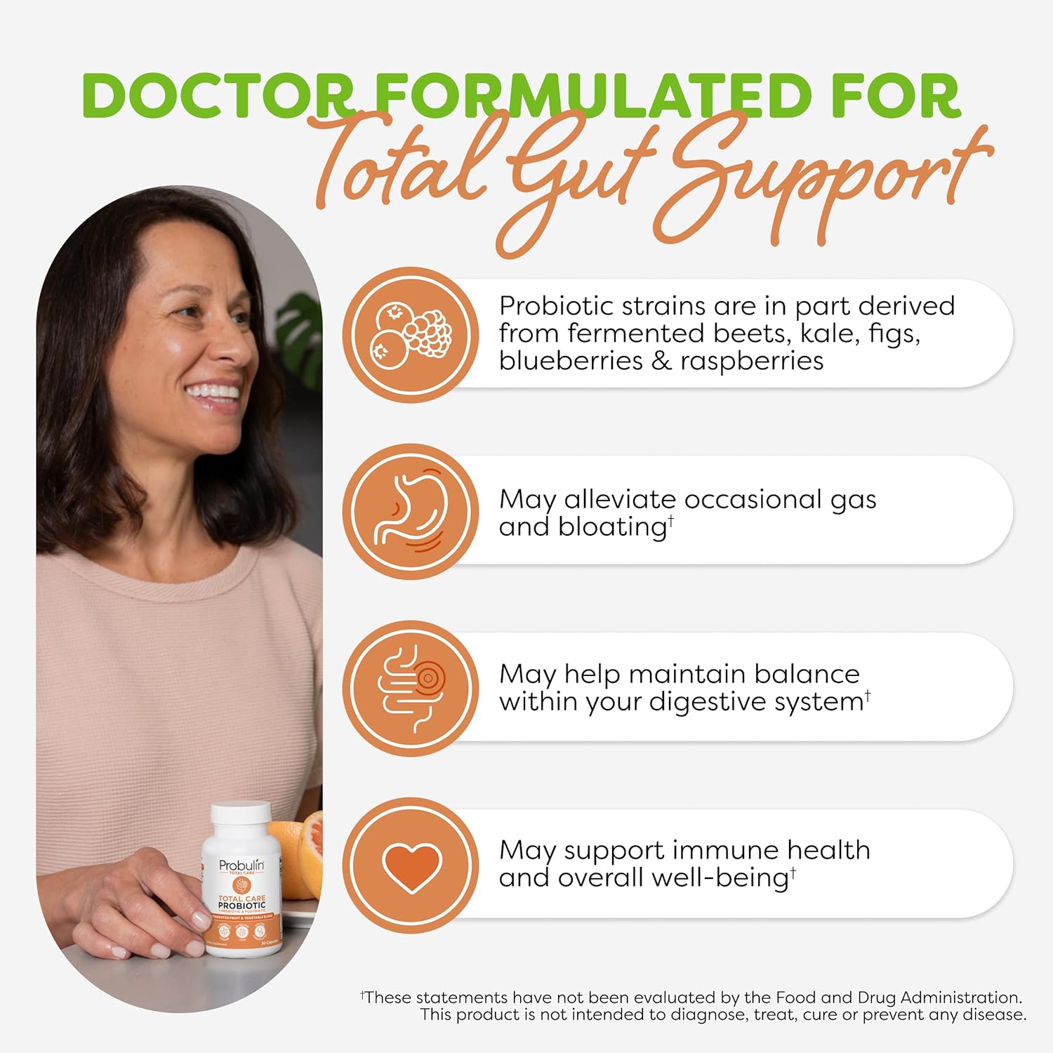 Probulin Total Care Probiotic Supplement for Daily Gut, Digestive, and Immune Health - 20 Billion CFU Capsules for Men and Women, Vegan - 30 Count Bottle