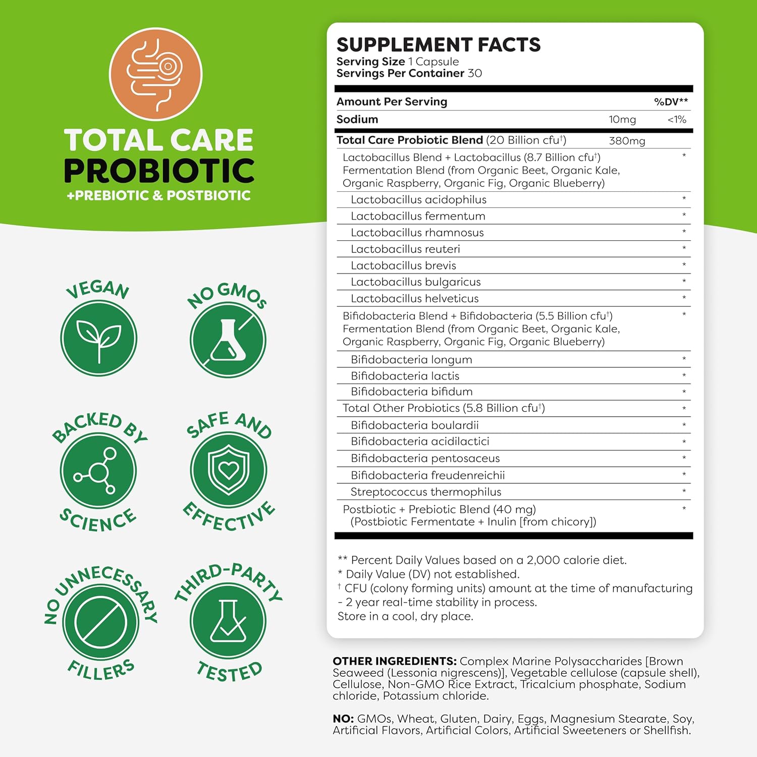 Probulin Total Care Probiotic Supplement for Daily Gut, Digestive, and Immune Health - 20 Billion CFU Capsules for Men and Women, Vegan - 30 Count Bottle