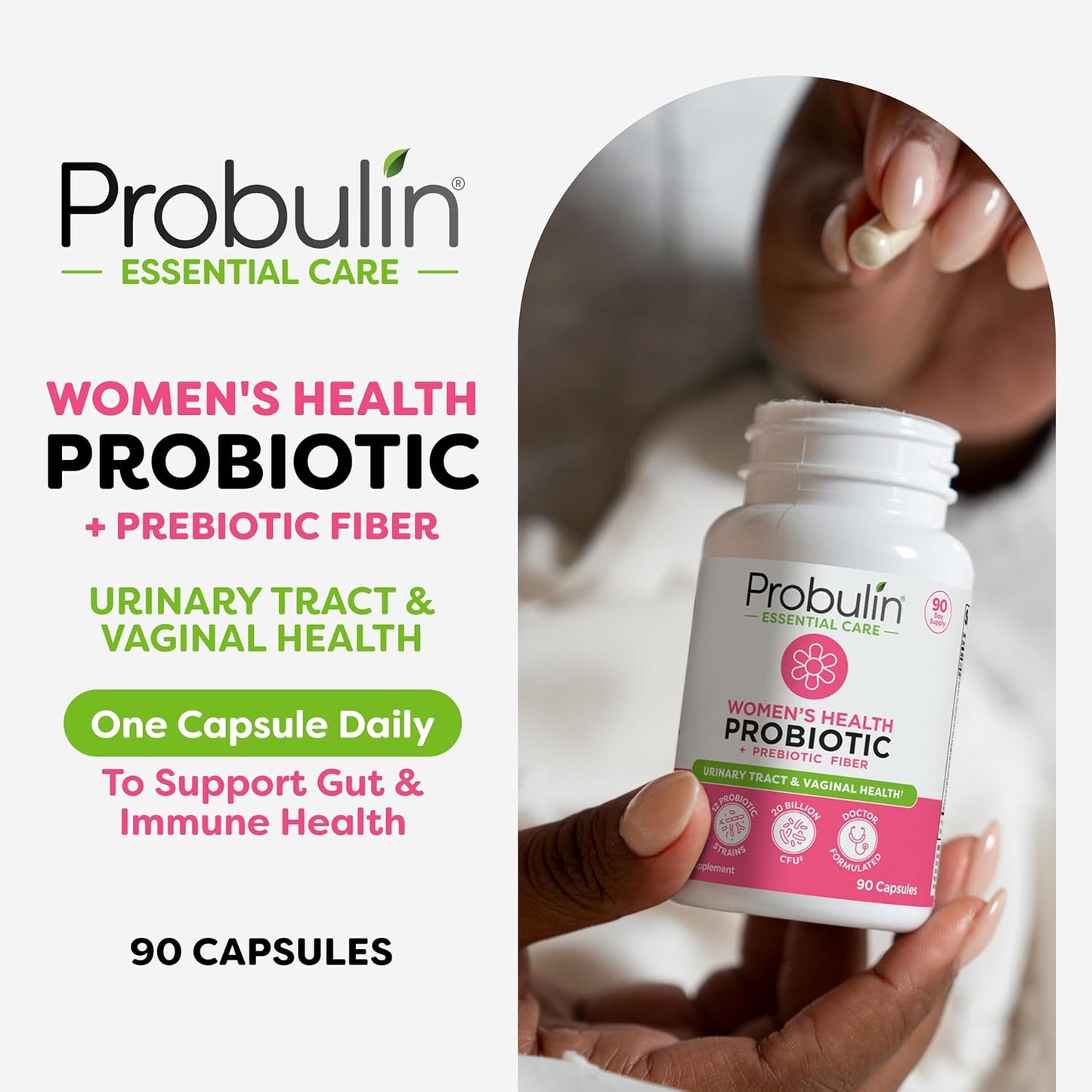 Probulin Women's Probiotics Capsules - 20 Billion CFU, 12 Strains, Vegan Supplement for Vaginal, Gut, & Immune Health - 90 Count