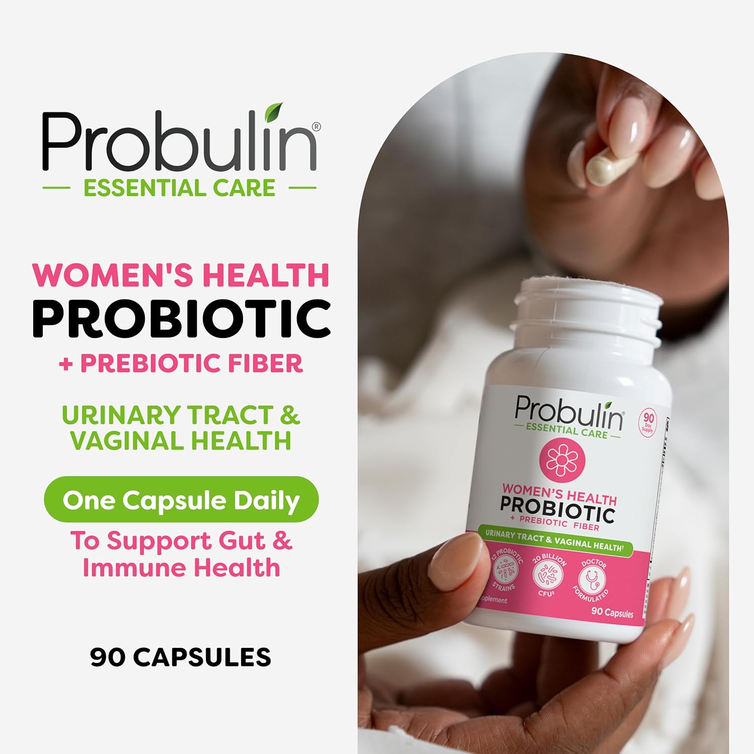Probulin Women's Probiotics Capsules - 20 Billion CFU, 12 Strains, Vegan Supplement for Vaginal, Gut, & Immune Health - 90 Count