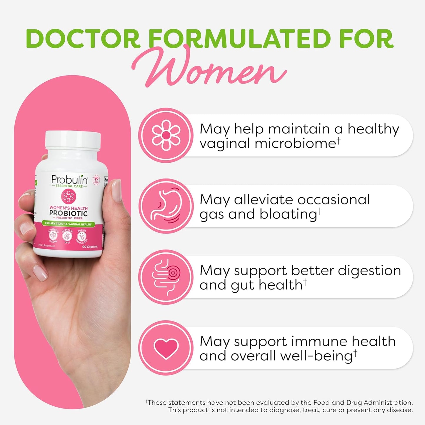 Probulin Women's Probiotics Capsules - 20 Billion CFU, 12 Strains, Vegan Supplement for Vaginal, Gut, & Immune Health - 90 Count