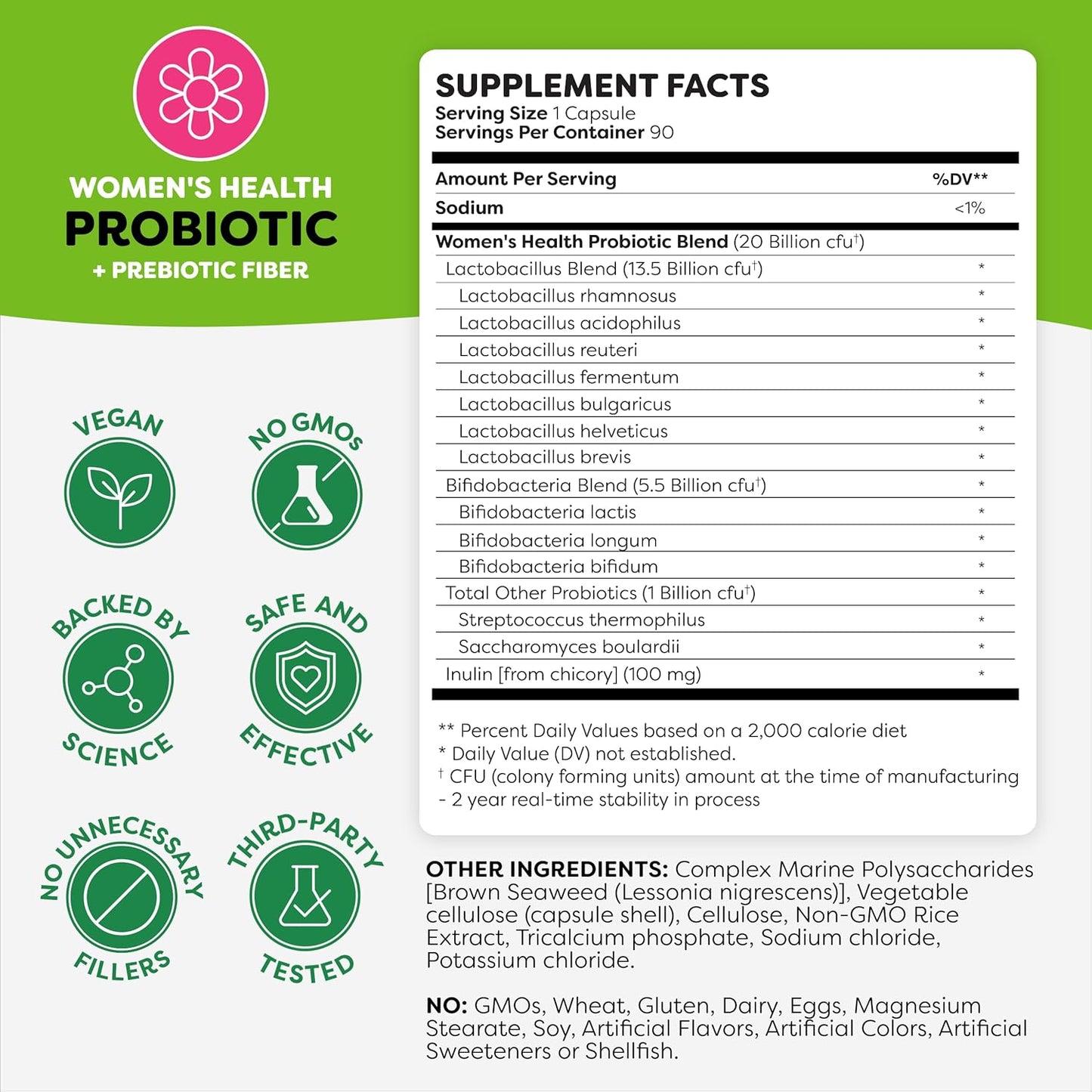 Probulin Women's Probiotics Capsules - 20 Billion CFU, 12 Strains, Vegan Supplement for Vaginal, Gut, & Immune Health - 90 Count