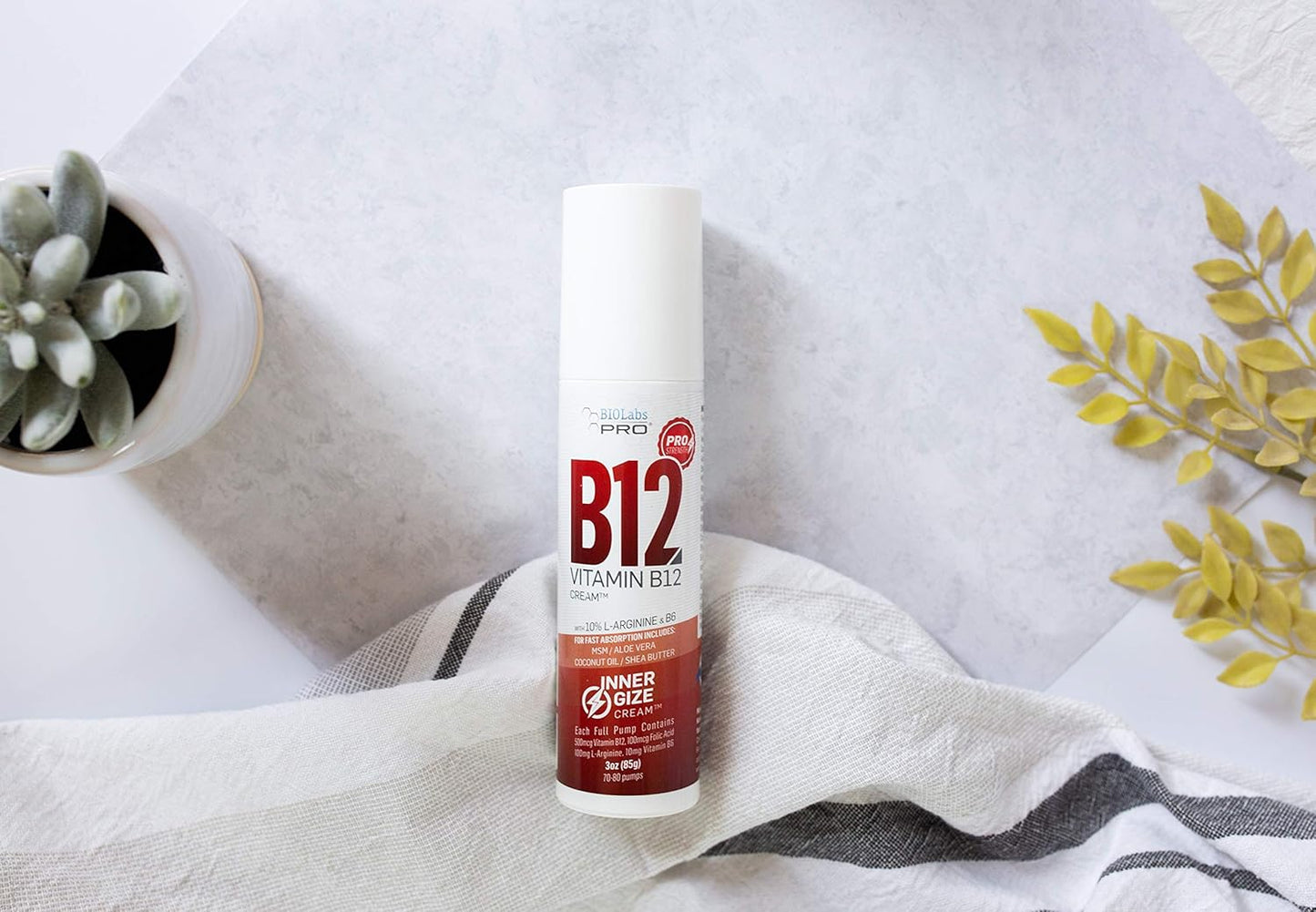 Professional Grade BIOLABS PRO INNERGIZE B12 Cream with B6, L-Arginine - Natural Topical B12 for Neurological & PreWorkout Support