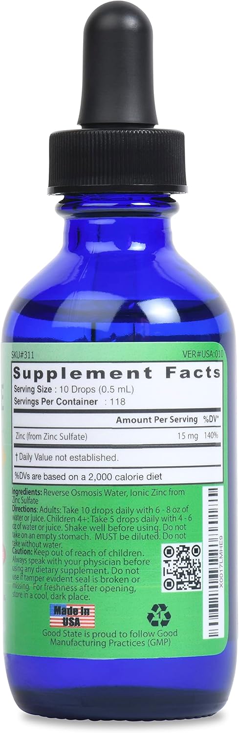 Professional Grade Good State Natural Ionic Zinc Liquid Concentrate - Nano Sized Mineral Technology - 1.6 fl oz Glass Bottle