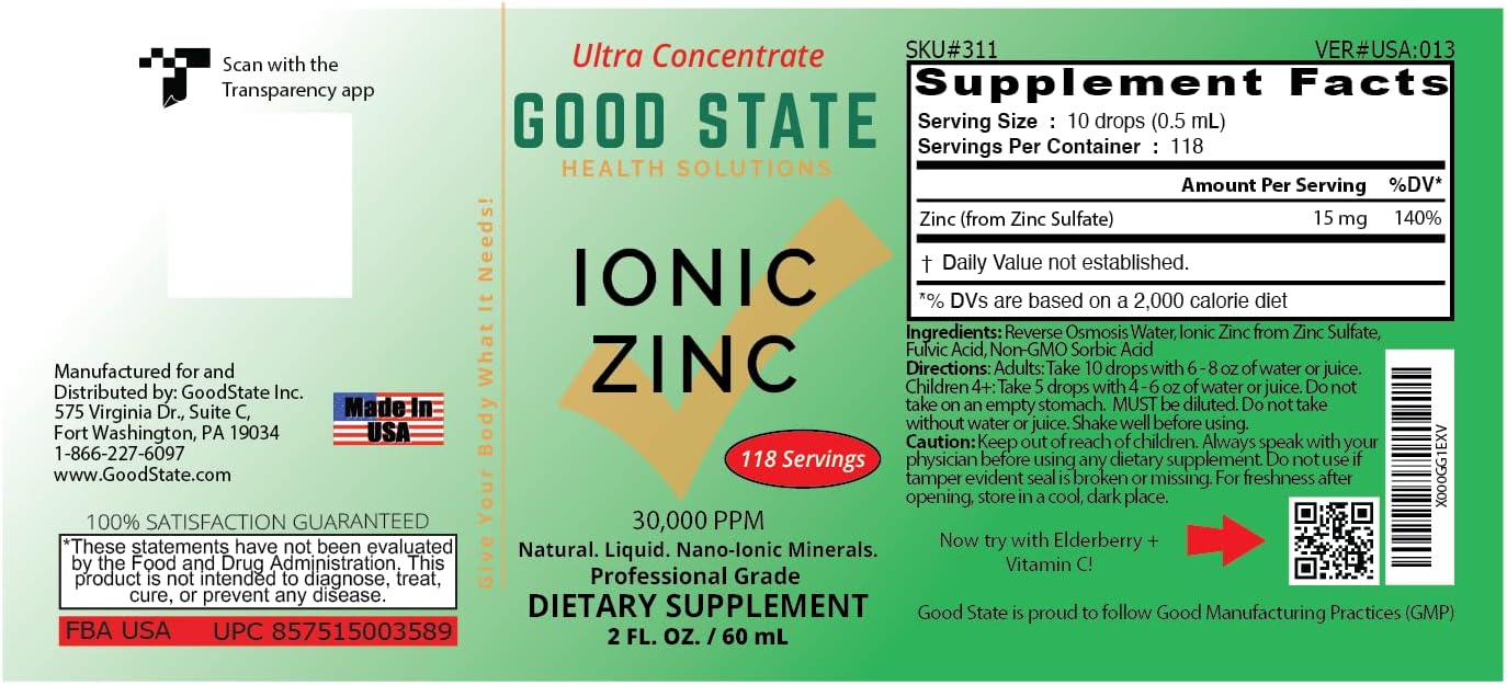 Professional Grade Good State Natural Ionic Zinc Liquid Concentrate - Nano Sized Mineral Technology - 1.6 fl oz Glass Bottle