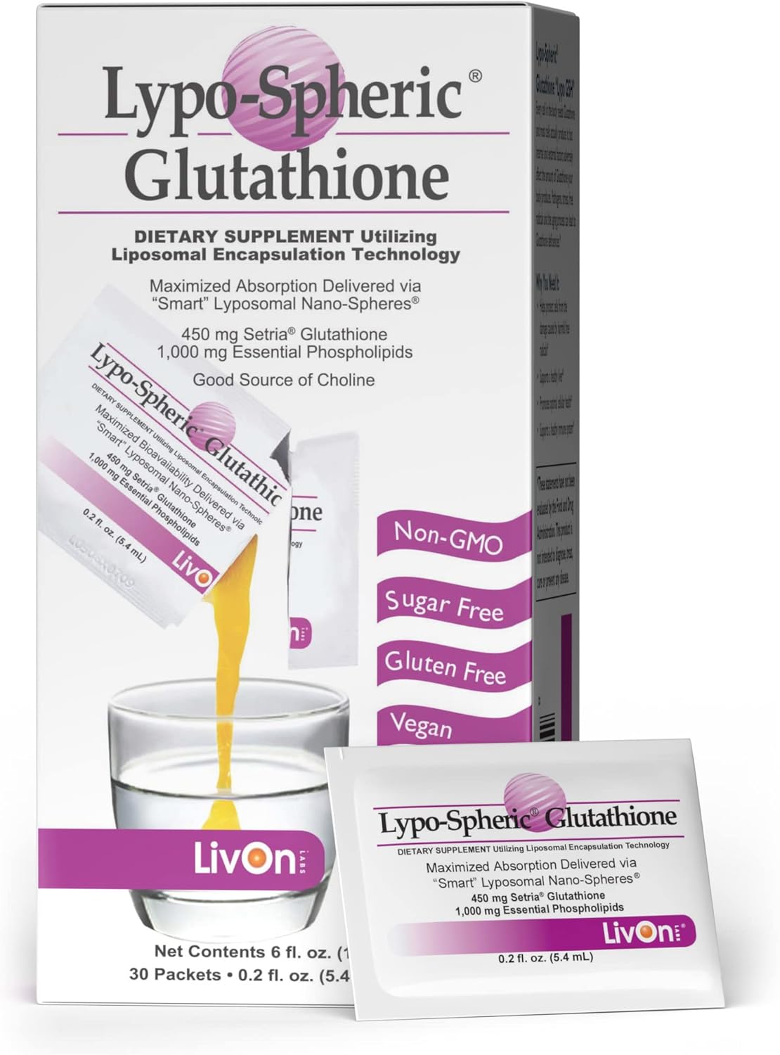 Professional Grade Lypo-Spheric Glutathione - 30 Packets, 450mg Per Packet, Liposome Encapsulated for Bioavailability, Non-GMO