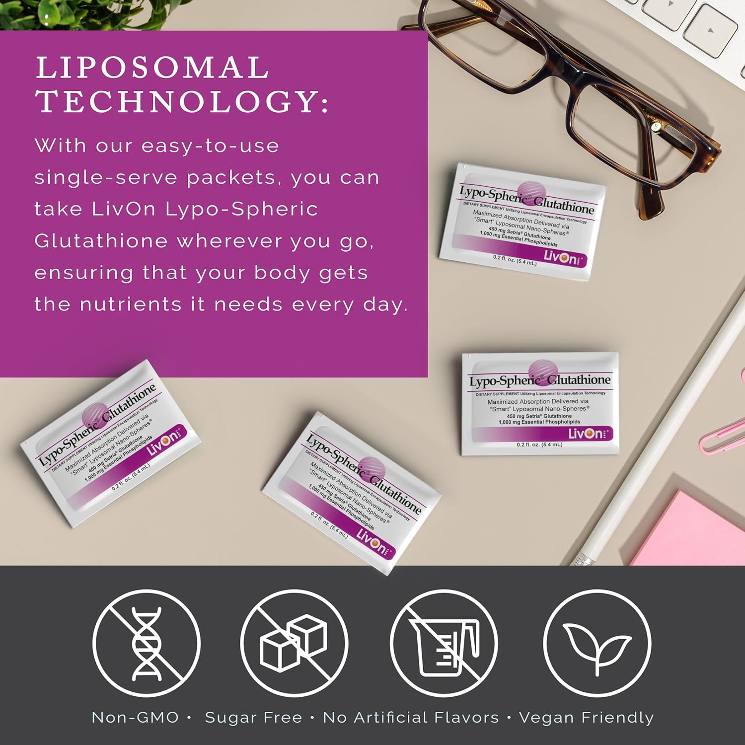Professional Grade Lypo-Spheric Glutathione - 30 Packets, 450mg Per Packet, Liposome Encapsulated for Bioavailability, Non-GMO