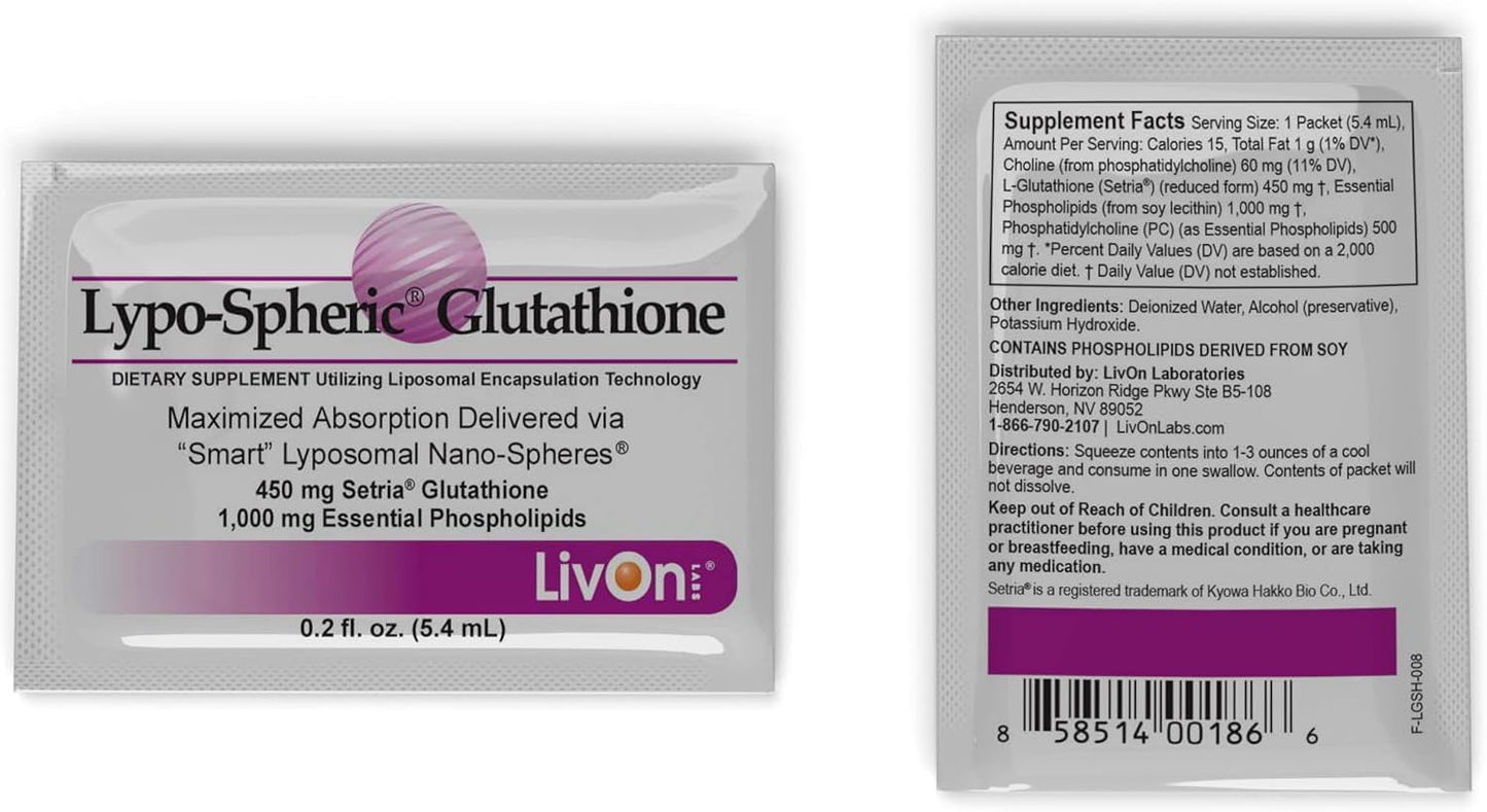Professional Grade Lypo-Spheric Glutathione - 30 Packets, 450mg Per Packet, Liposome Encapsulated for Bioavailability, Non-GMO
