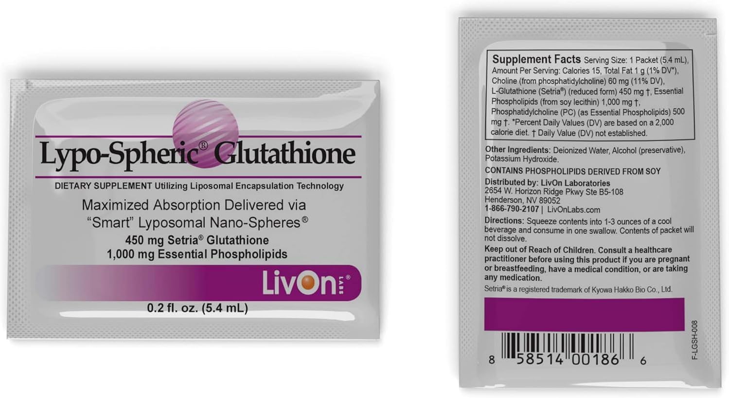 Professional Grade Lypo-Spheric Glutathione - 30 Packets, 450mg Per Packet, Liposome Encapsulated for Bioavailability, Non-GMO