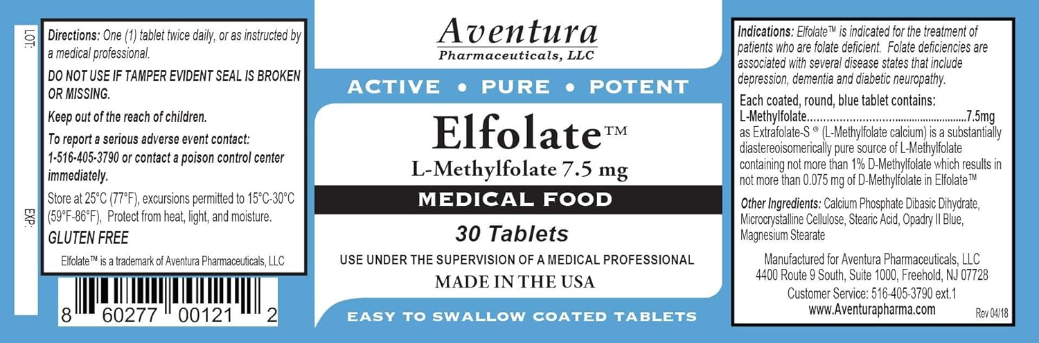 Professional Strength ELFOLATE® 7.5mg L-Methylfolate Supplement - Pure & Potent Methyl Folate Tablets - 30 Count