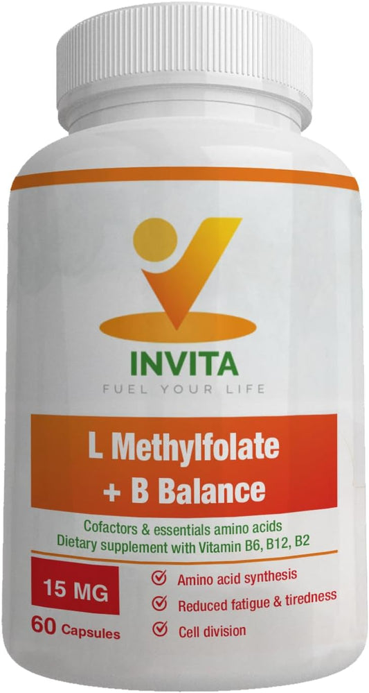 Professional Strength INVITA L-Methylfolate + B Balance (15mg) Capsules - Active Methyl Folate with B Complex - Non GMO & Gluten Free