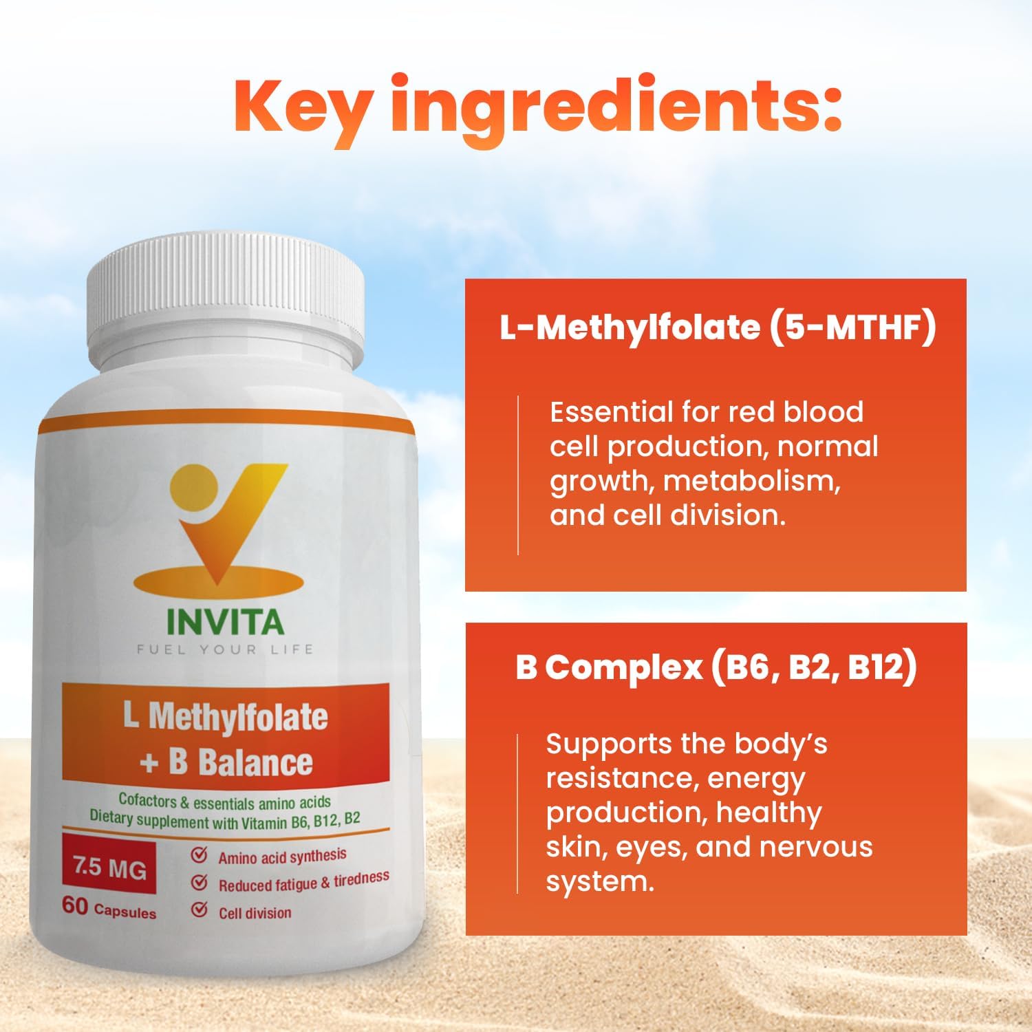 Professional Strength INVITA L-Methylfolate + B Balance Capsules - 5-MTHF, B6, B2, B12 Methylcobalamin B Complex - 60 Count - Active Methyl Folate Supplement - Non GMO, Gluten Free (7.5 mg)