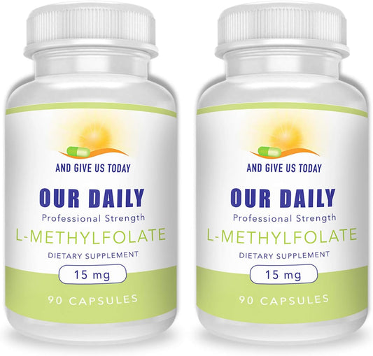 Professional Strength L-Methylfolate 15mg Supplement (2 Bottles) - 180 Capsules - Active Methyl Folate - Non GMO, Gluten Free - 5-MTHF