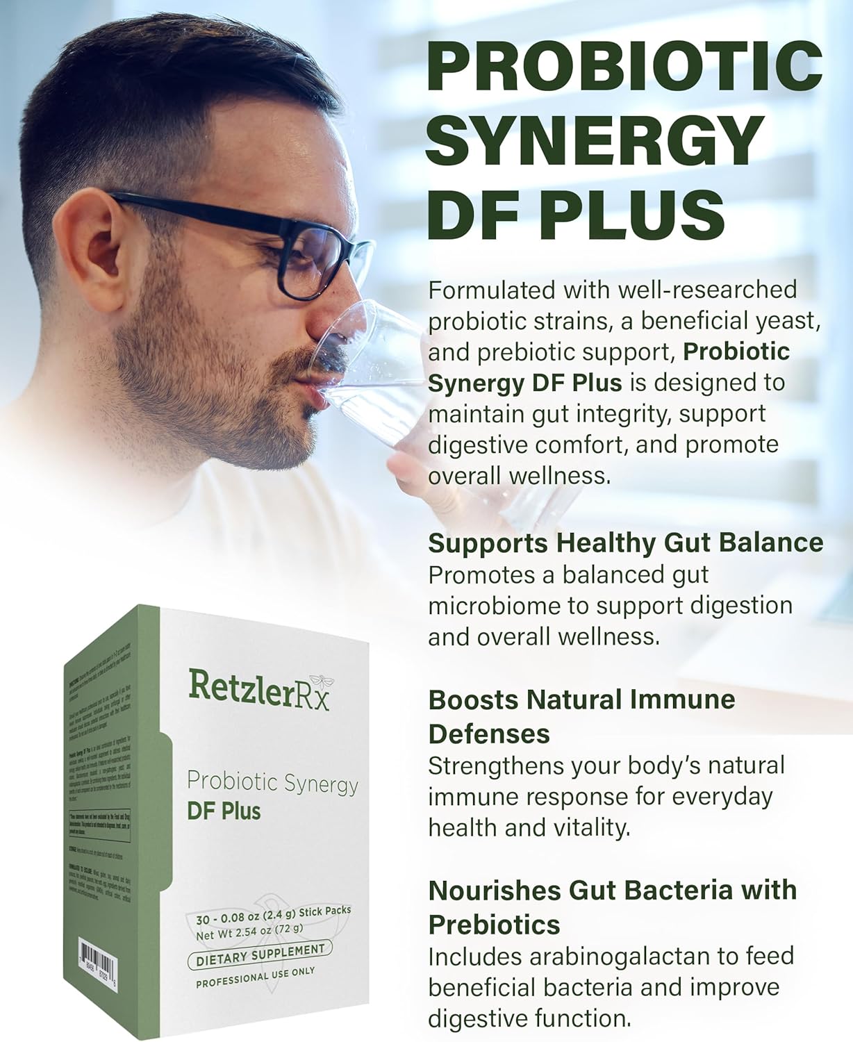 Professional Strength Probiotic Synergy DF Plus with 30 Billion CFU, Saccharomyces boulardii, and Arabinogalactan for Gut Health - 30 Stick Packs