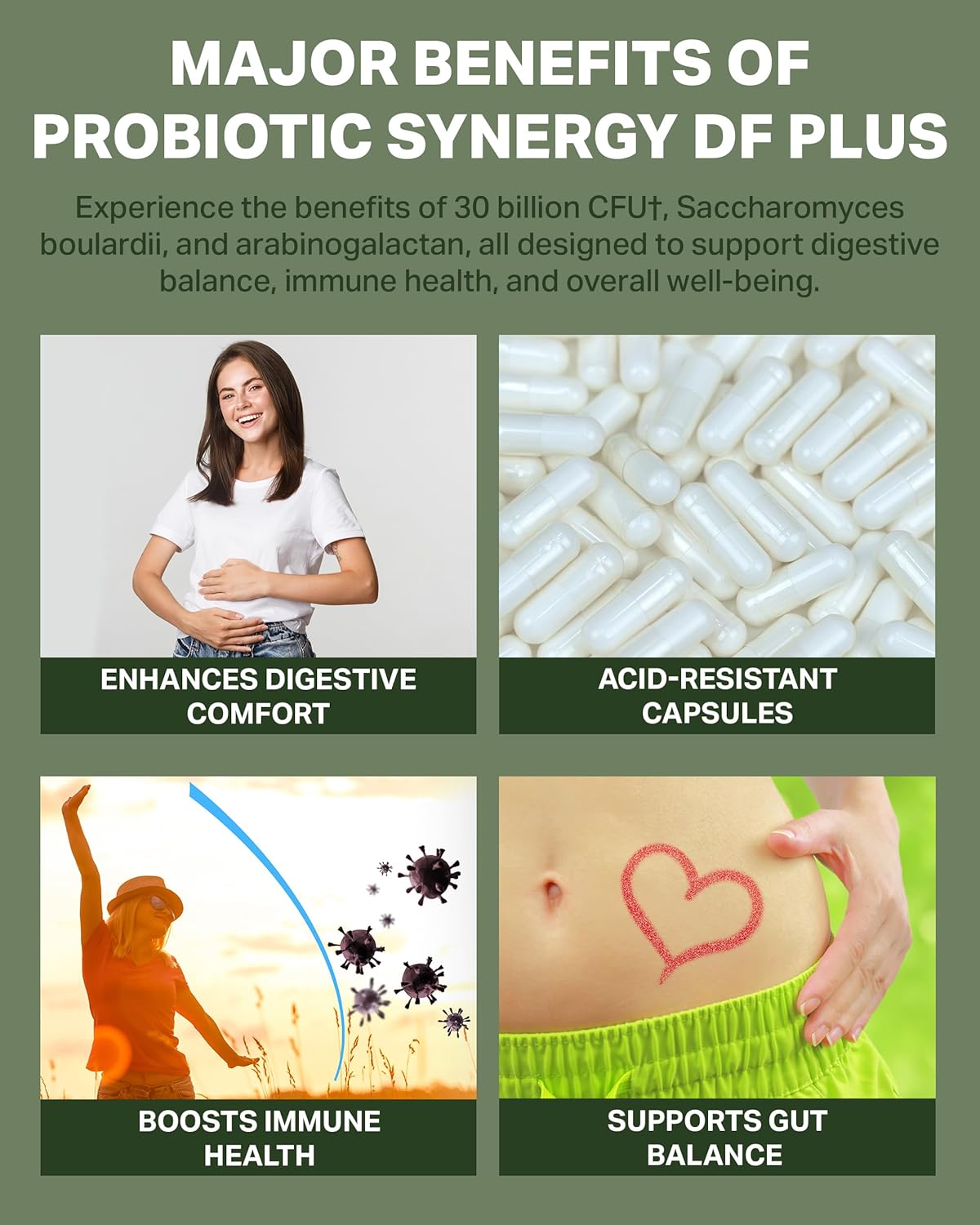 Professional Strength Probiotic Synergy DF Plus with 30 Billion CFU, Saccharomyces boulardii, and Arabinogalactan for Gut Health - 30 Stick Packs