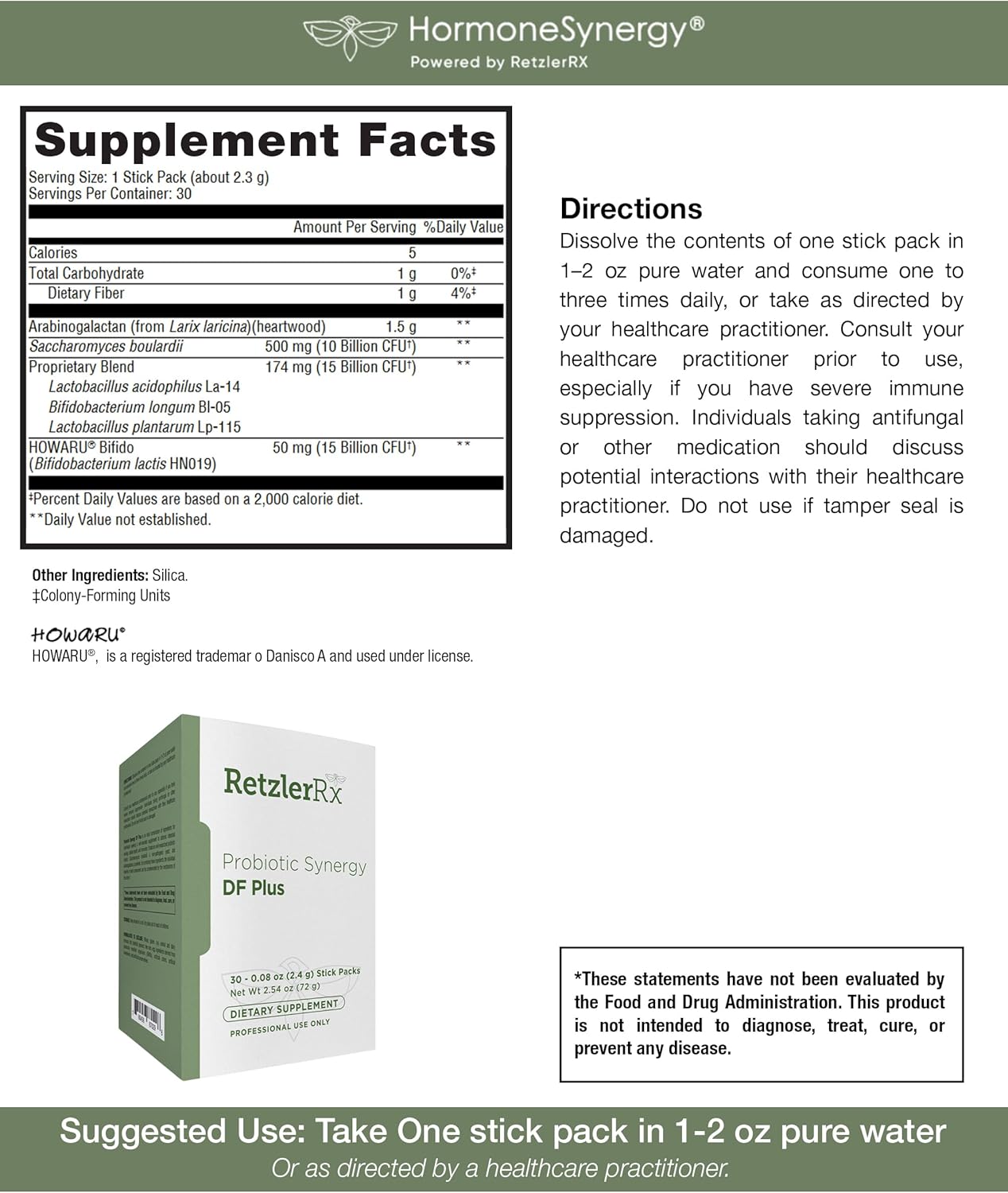 Professional Strength Probiotic Synergy DF Plus with 30 Billion CFU, Saccharomyces boulardii, and Arabinogalactan for Gut Health - 30 Stick Packs