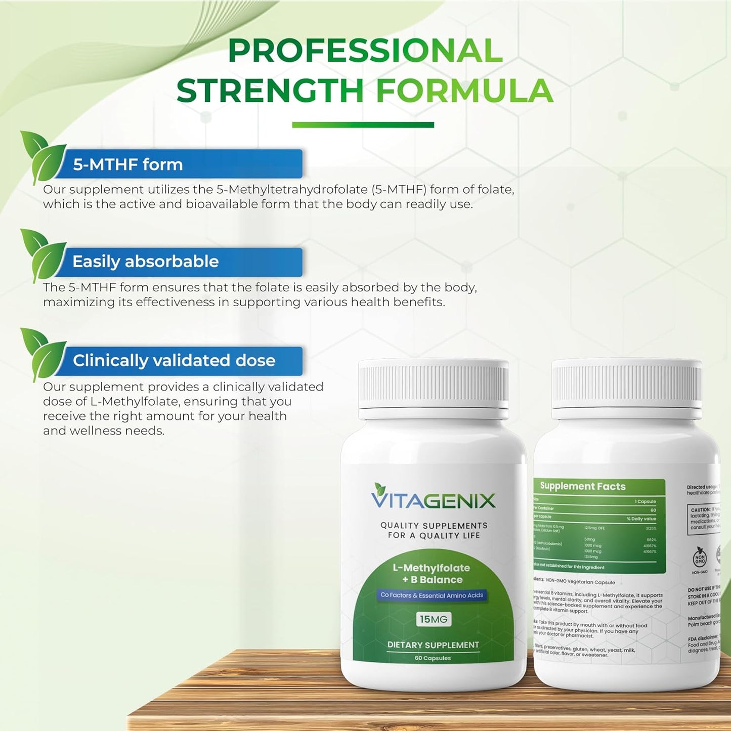 Professional Strength VITAGENIX L-Methylfolate + B Complex for Mood, Methylation & Cognition - Bioactive 5-MTHF Form with B6, B2, & B12 - 15mg - 60 Capsules