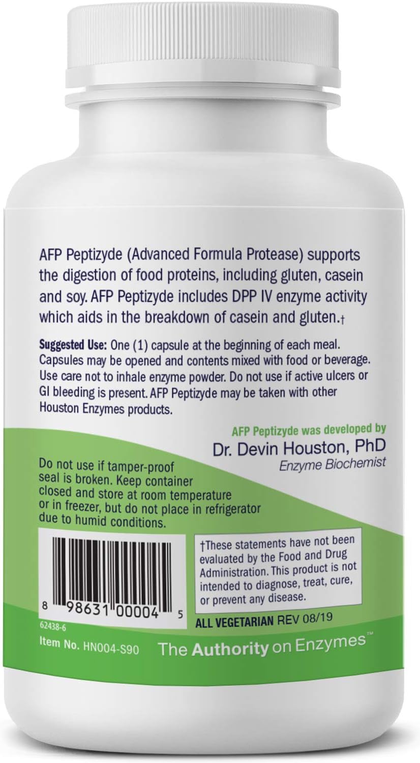 Professionally Formulated Enzyme Combination for Protein Digestion - Houston Enzymes AFP Peptizyde 90 Capsules - Supports Breakdown of Casein & Gluten