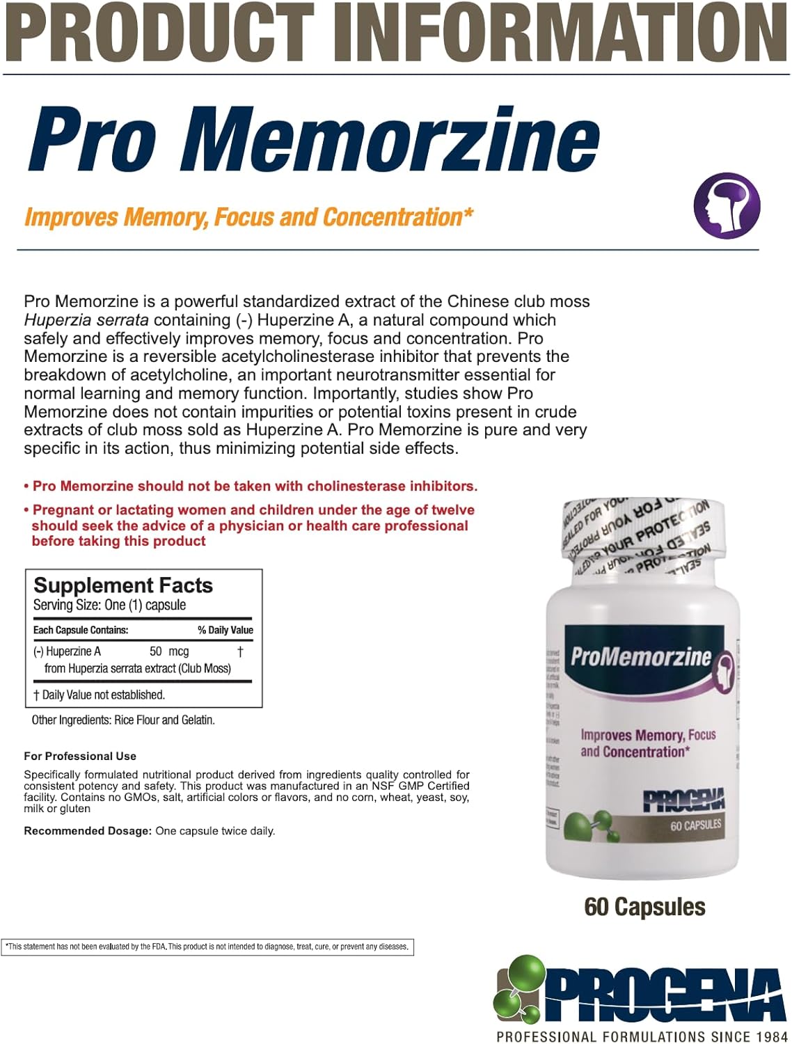 Progena ProMemorzine Memory Support Complex Supplement - 60 Capsules
