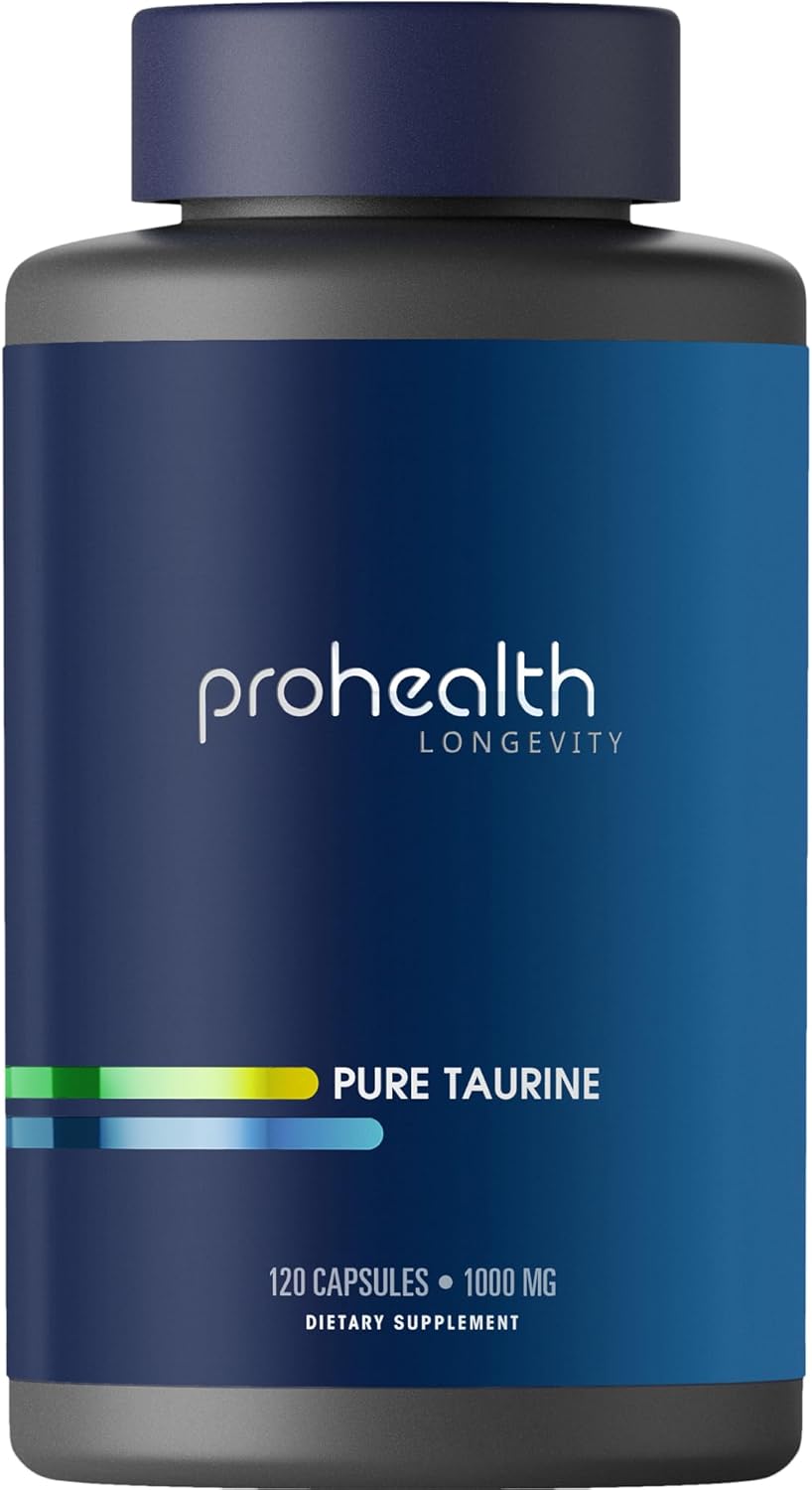ProHealth Pure Taurine Capsules - 1000mg for Healthy Aging, Brain & Heart Support - Antioxidant - Clinical & Third-Party Tested - 120 Vegetarian Capsules