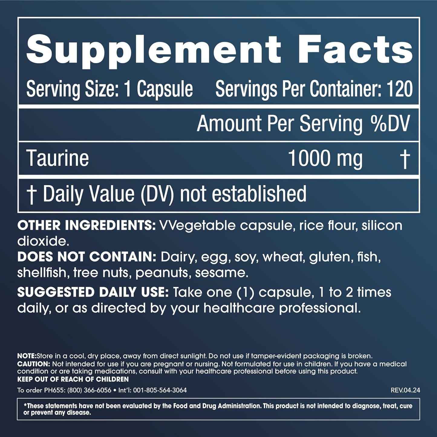 ProHealth Pure Taurine Capsules - 1000mg for Healthy Aging, Brain & Heart Support - Antioxidant - Clinical & Third-Party Tested - 120 Vegetarian Capsules