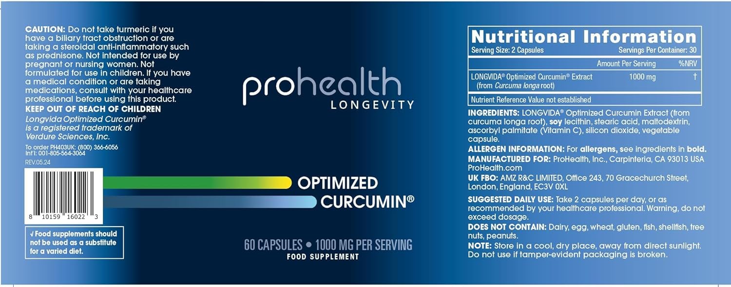 ProHealth Turmeric Curcumin Supplement: Longvida Curcumin Extract, 1000mg Per Serving, 60 Capsules