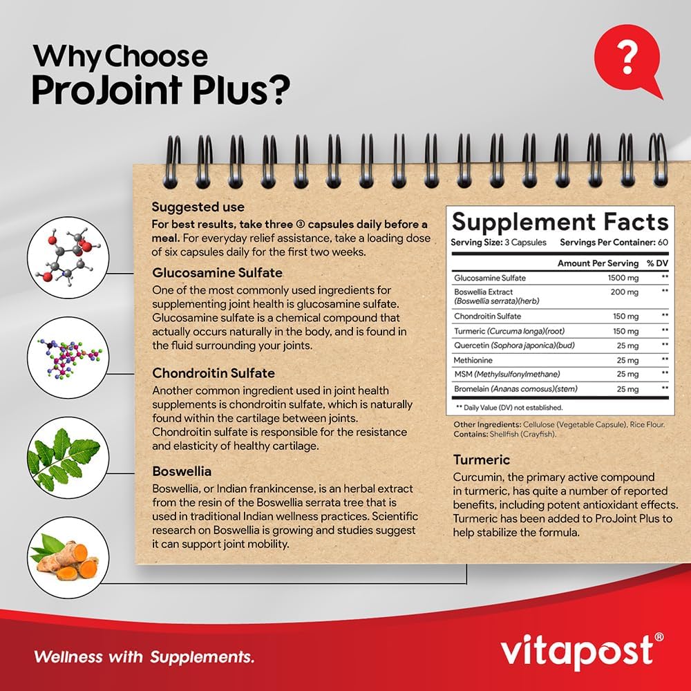 ProJoint Plus Joint Support Supplement - 180 Capsules for Mobility, Joint & Cartilage Health - with Glucosamine, Chondroitin, MSM, Turmeric, Boswellia & Bromelain - for Men & Women