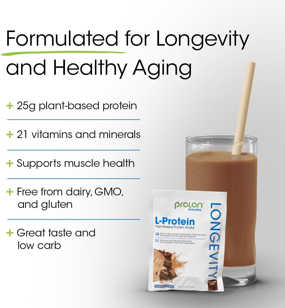 ProLon Plant Based Protein Powder: Boost Performance, Muscle Synthesis, Healthy Aging - Chocolate, 25g Protein, Vitamins & Antioxidants - Gluten Free, Amino Acids - 12 Packets