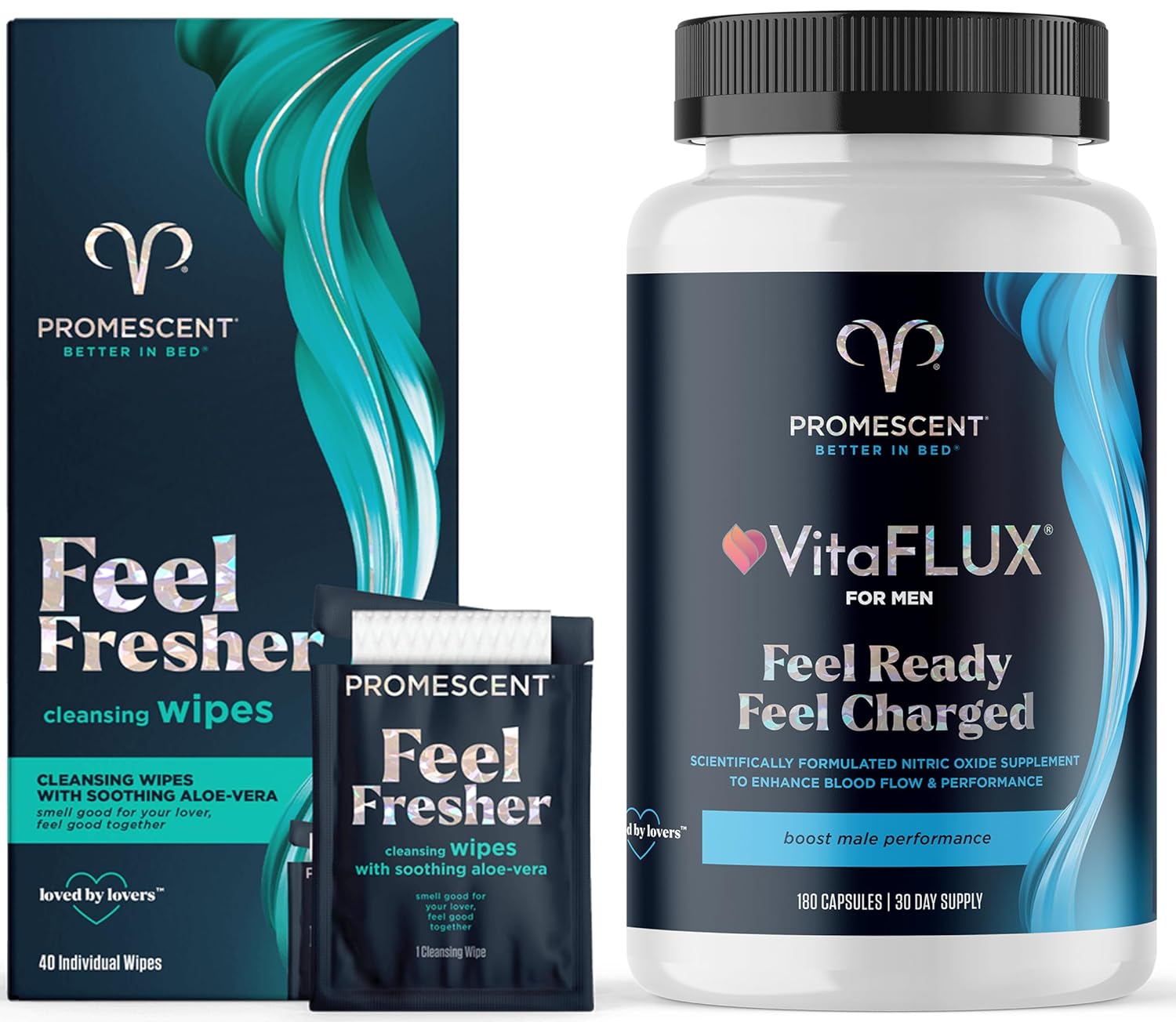 Promescent Adult Flushable Wipes + VitaFLUX Triple Power Nitric Oxide Supplement - Male Performance Boost with L Arginine, L Carnitine, Zinc, Magnesium - Amino Acids for Energy and Stamina