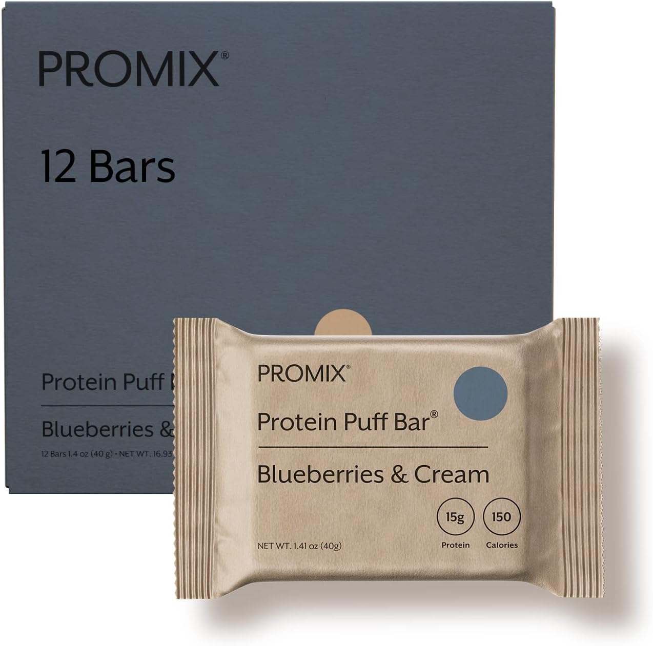 ProMix Blueberries & Cream Protein Puff Bars 12-Pack - Marshmallow Crispy Treat - High Protein Low Calorie On-The-Go Snack - Non-GMO Gluten Soy Corn-Free