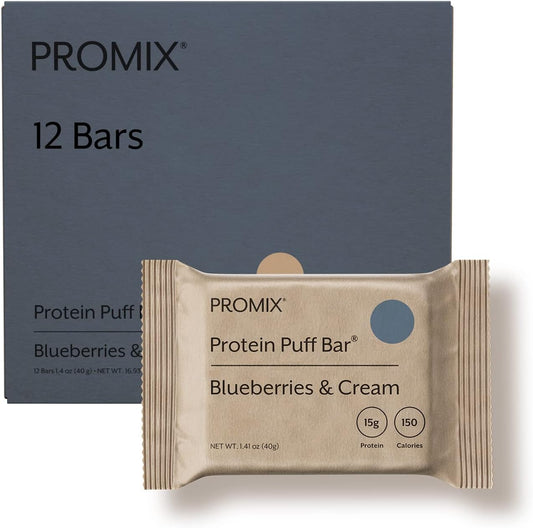 ProMix Blueberries & Cream Protein Puff Bars 12-Pack - Marshmallow Crispy Treat - High Protein Low Calorie On-The-Go Snack - Non-GMO Gluten Soy Corn-Free