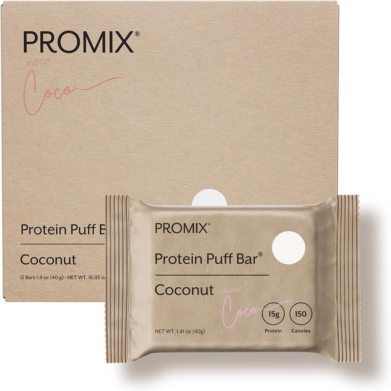 Promix Coconut Marshmallow Protein Puff Bars - 12 Pack - Healthy On-The-Go Snack - High Protein, Low Calorie, Non-GMO