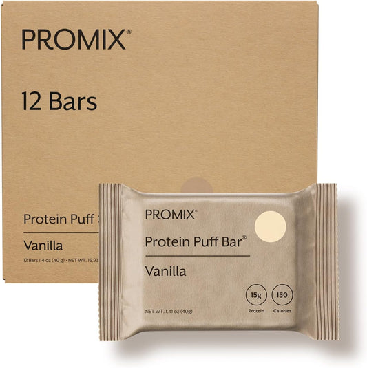 ProMix Nutrition Protein Puff Bars, 12-Pack - Madagascar Vanilla Flavor - Marshmallow Crispy Treat - High Protein & Low Calorie Snack - Gluten, Soy, & Corn Free