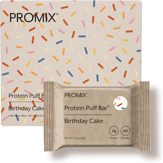 Promix Protein Puff Bars 12-Pack - Birthday Cake & Marshmallow Crispy Treat - Healthy On-The-Go Snack - High Protein, Low Calorie, Non-GMO & Gluten-Free