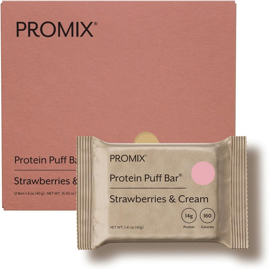 Promix Whey Protein Isolate Puff Bar - 12 Count Strawberries & Cream Flavor | Low Carb Healthy Snack with Egg Whites | Grass Fed, Gluten Free, Low Sugar, Soy Free - BoostGo Australia
