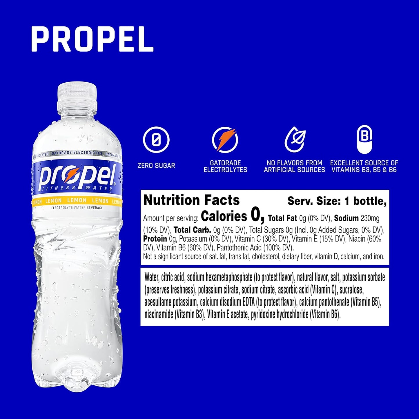 Propel Lemon Zero Calorie Sports Water with Electrolytes & Vitamins C&E, 16.9oz Bottles (12 Pack)