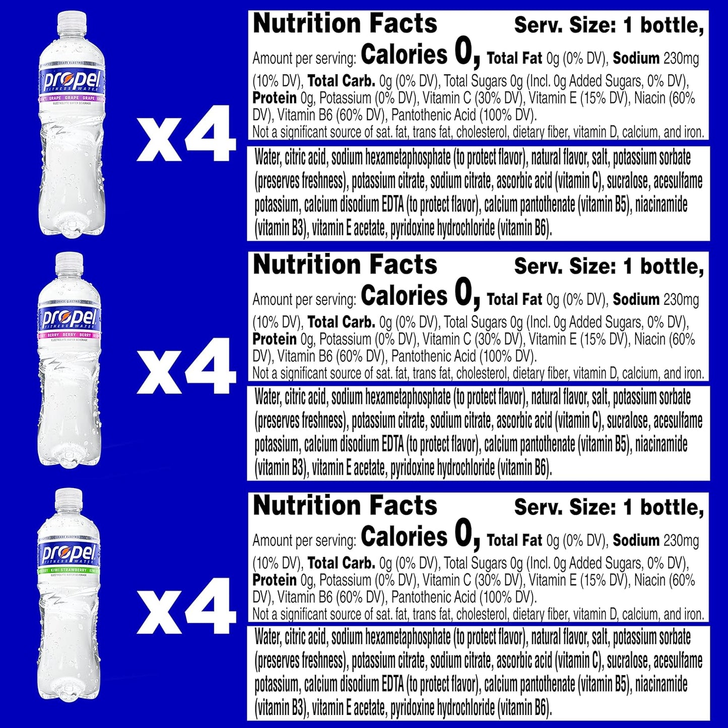 Propel Zero Calorie Sports Water Variety Pack - 3 Flavors, Electrolytes, Vitamins C&E, 16.9oz x 12