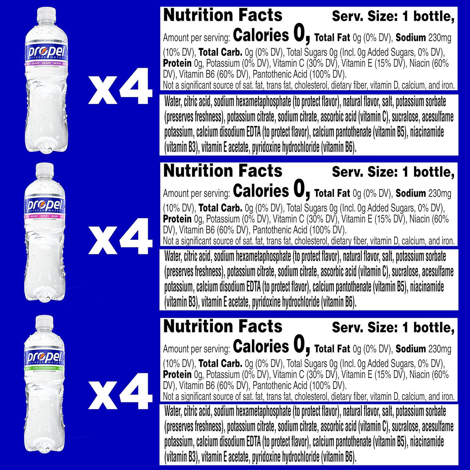 Propel Zero Calorie Sports Water Variety Pack - 3 Flavors, Electrolytes, Vitamins C&E, 16.9oz x 12