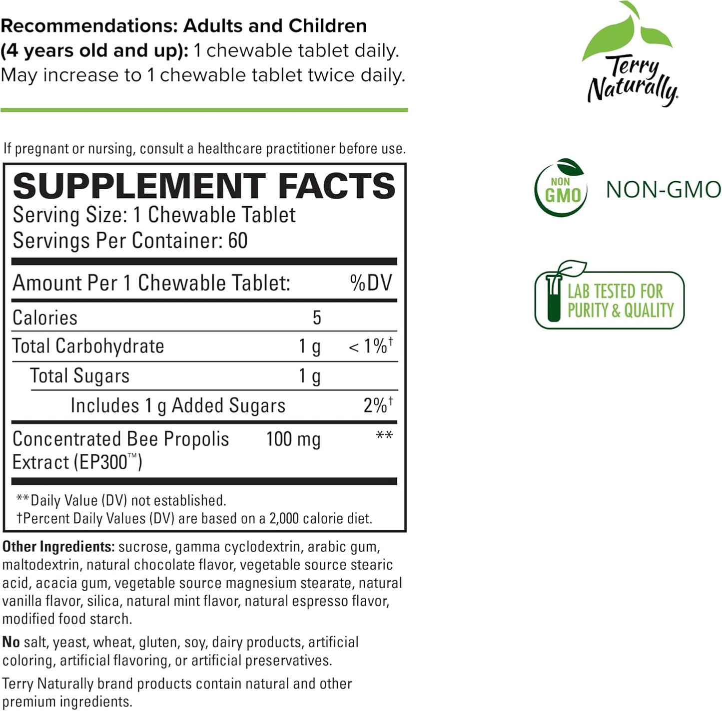 Propolis Extract EP300 Chewable Tablets - Immune Support for Kids & Adults - Non-GMO Bee Propolis Supplement - 60 Tablets