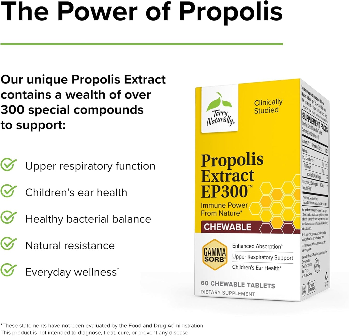 Propolis Extract EP300 Chewable Tablets - Immune Support for Kids & Adults - Non-GMO Bee Propolis Supplement - 60 Tablets