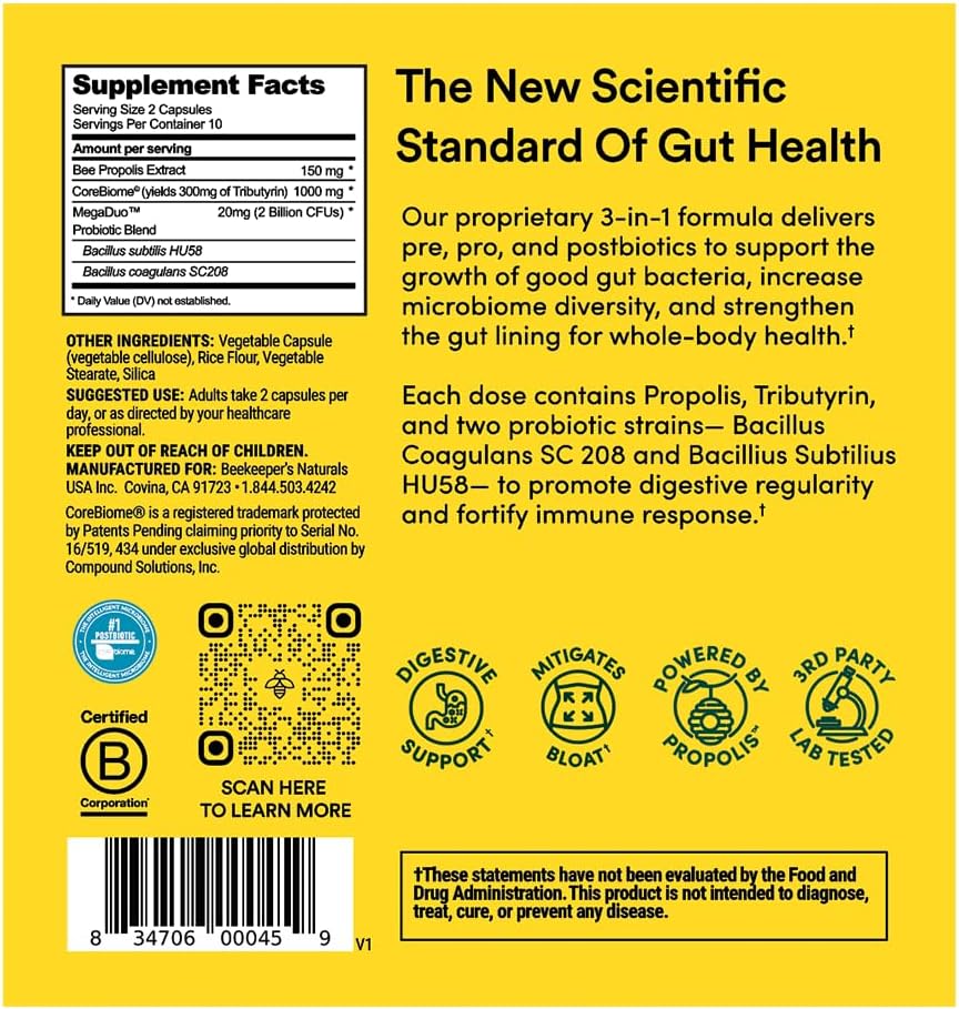 Propolis Powered Beekeeper's Naturals Complete Gut Health Capsules for Digestive Health & Bloating Relief, 20ct - BoostGo Australia