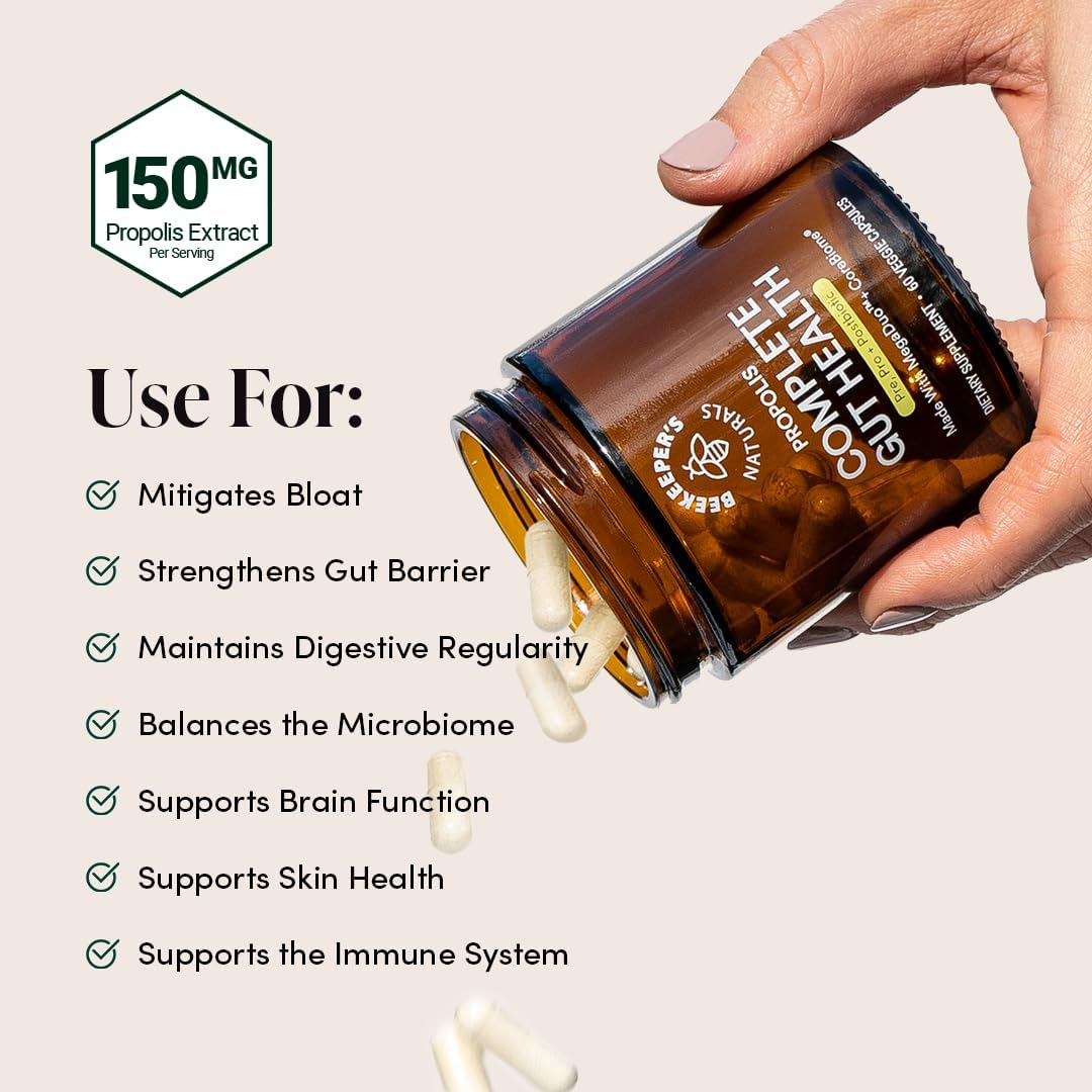 Propolis Powered Complete Gut Health Capsules for Digestive Health & Bloating Relief - 60ct Vegan Prebiotic, Postbiotic, Probiotic Supplement - BoostGo Australia