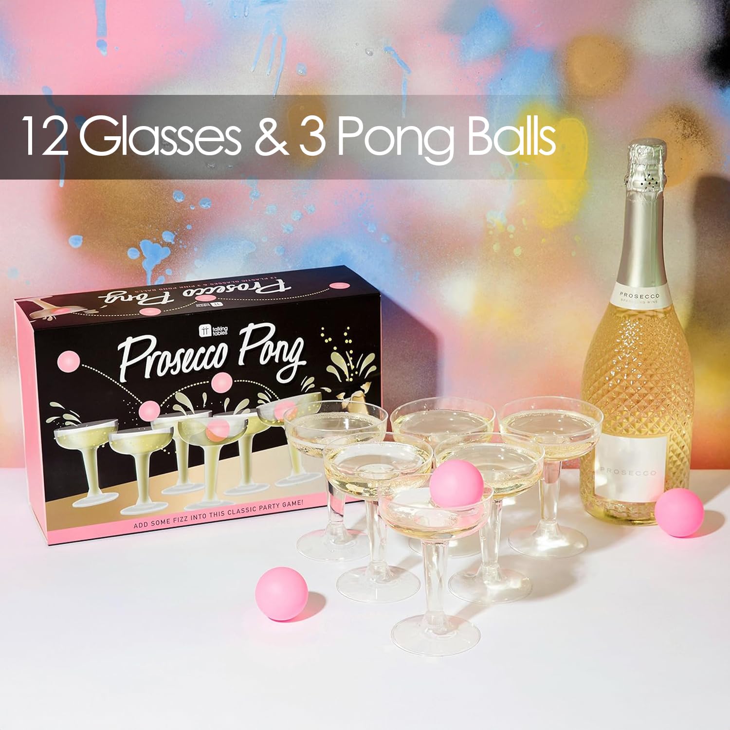 Prosecco Pong Drinking Game Set with Balls - Perfect for Bachelorette, Girls Night, Birthday, Bridal Shower, NYE, Christmas - Includes 12 Glasses