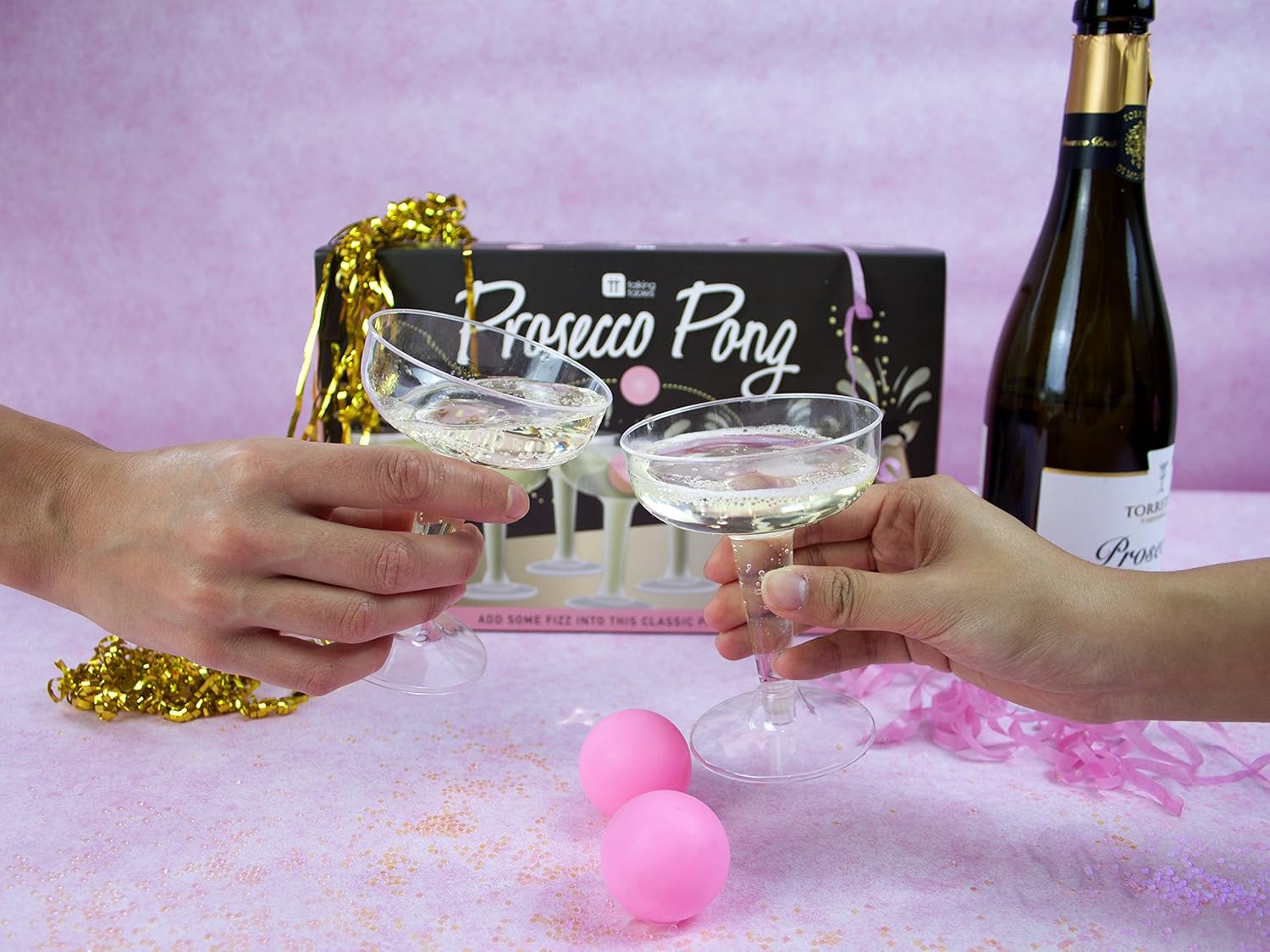 Prosecco Pong Drinking Game Set with Balls - Perfect for Bachelorette, Girls Night, Birthday, Bridal Shower, NYE, Christmas - Includes 12 Glasses