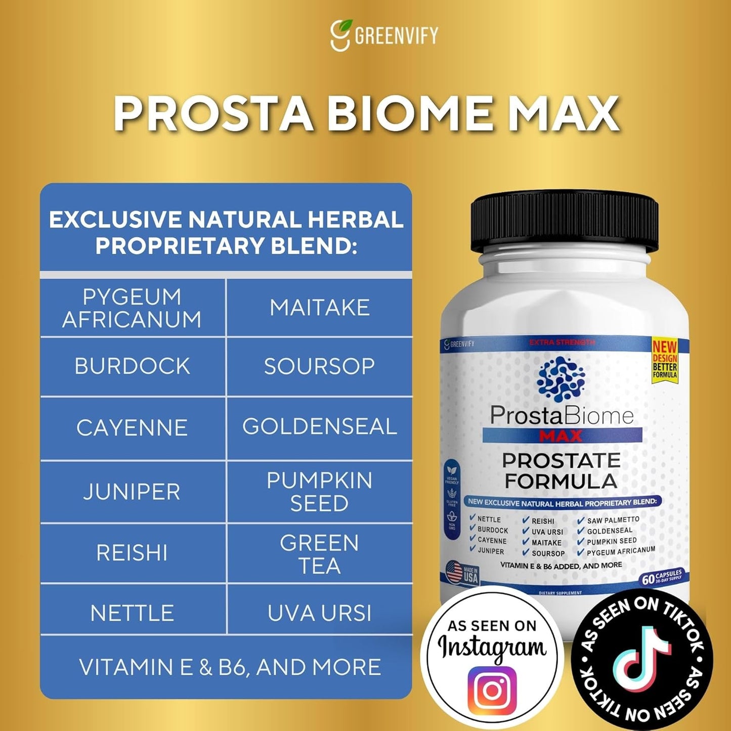 ProstaBiome Max Prostate Support Formula with Saw Palmetto - 60 Capsules, Natural Herbal Blend for Men's Health