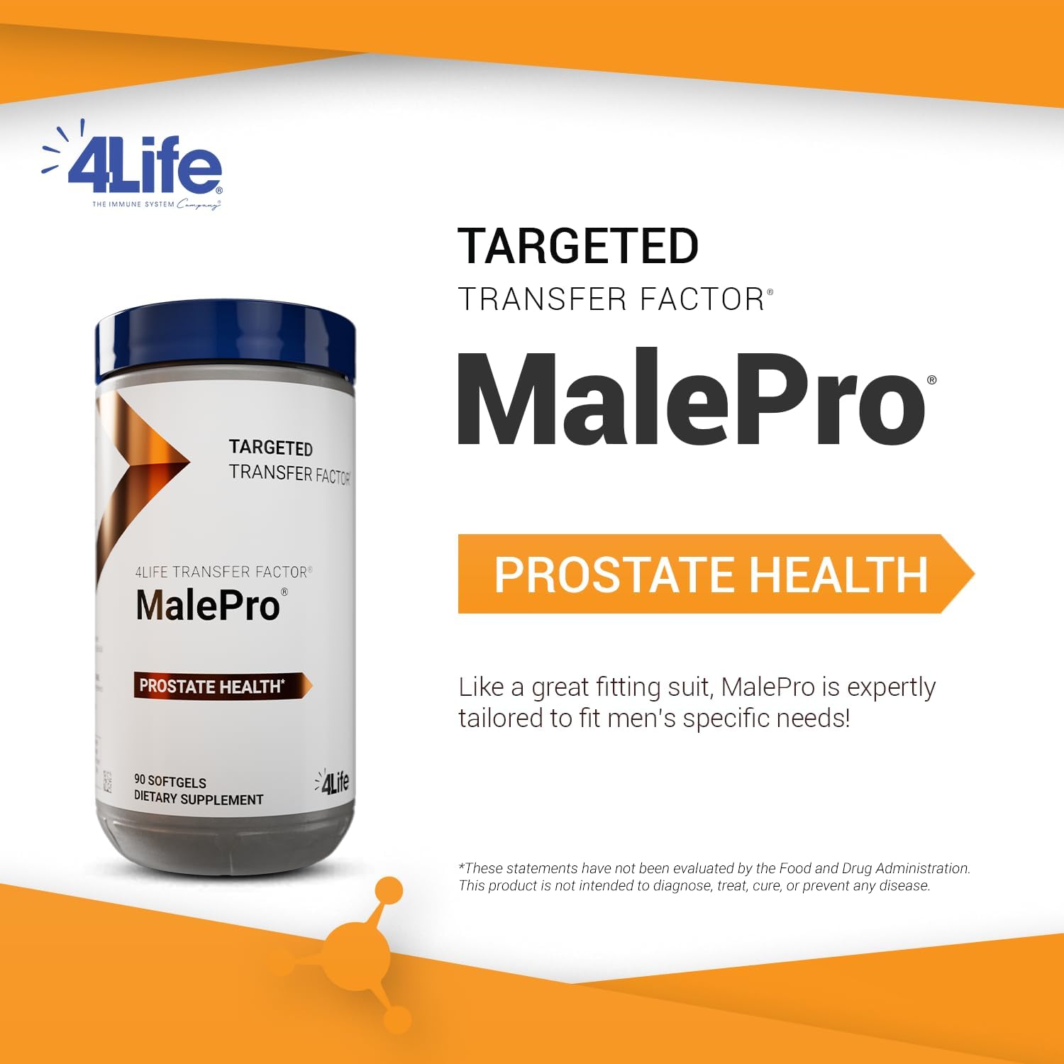 Prostate and Urinary Tract Health Support Supplement for Men - 4Life Transfer Factor MalePro - 90 Softgels with Saw Palmetto, Lycopene, Selenium, and Kudzu