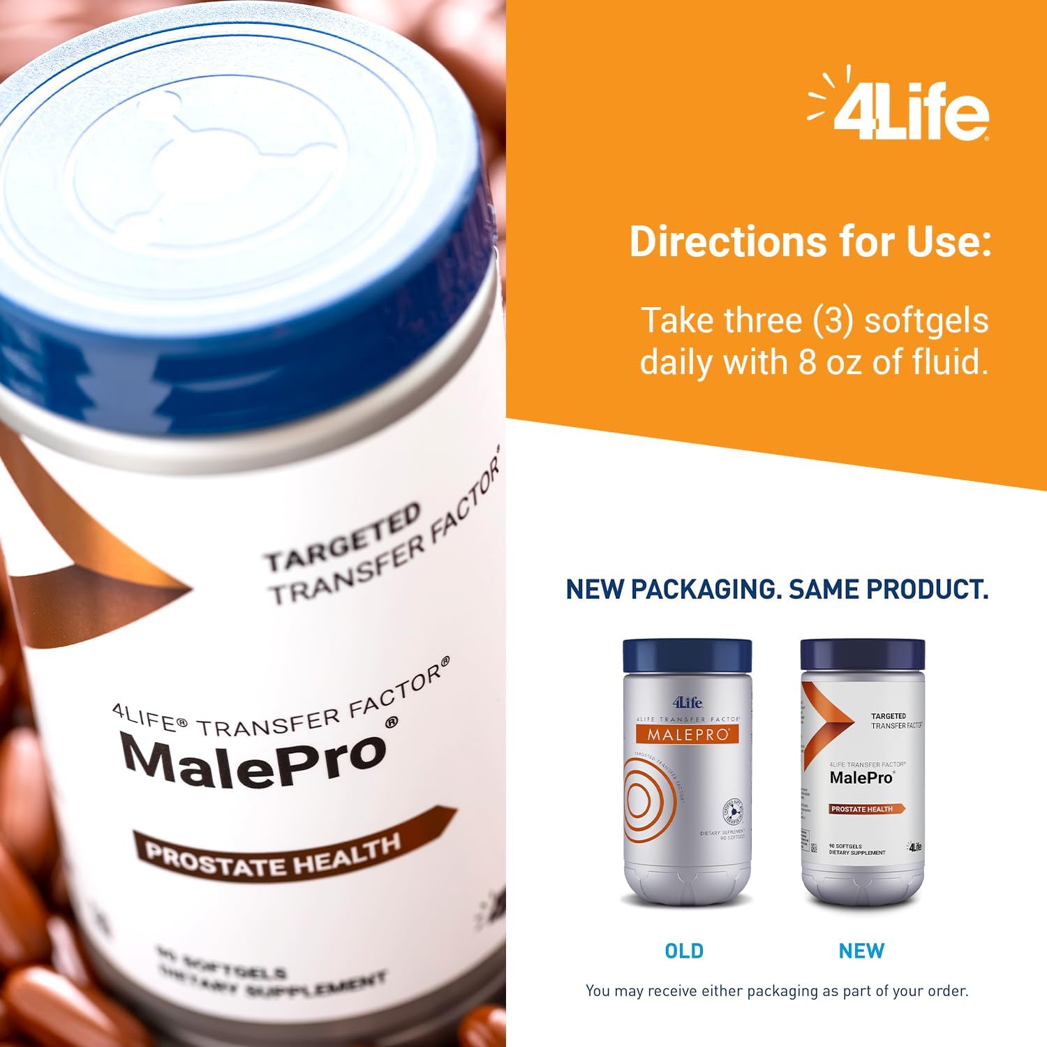 Prostate and Urinary Tract Health Support Supplement for Men - 4Life Transfer Factor MalePro - 90 Softgels with Saw Palmetto, Lycopene, Selenium, and Kudzu