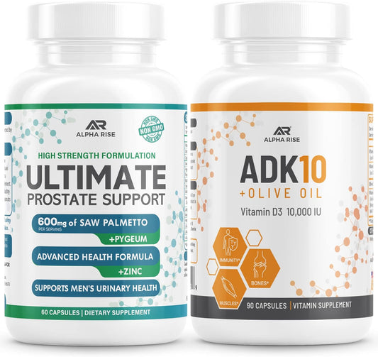 Prostate Health Support Bundle: Over-The-Counter Supplement + Vitamin ADK 10 + Olive Oil for Men (150 Capsules)