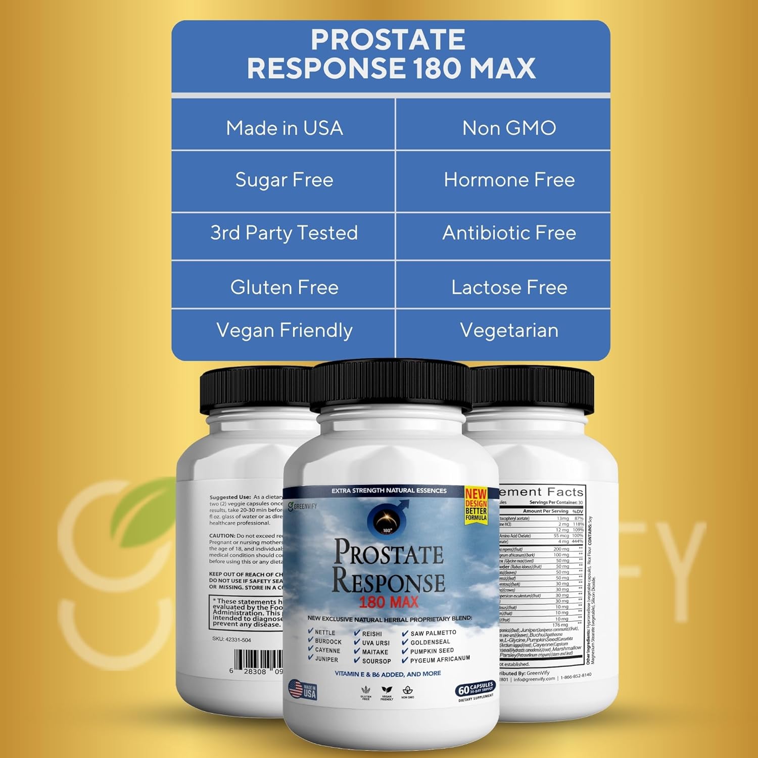 Prostate Support Capsules - Greenvify Prostate Response 180 Max Formula for Men - Natural Health Supplements for Normal Function