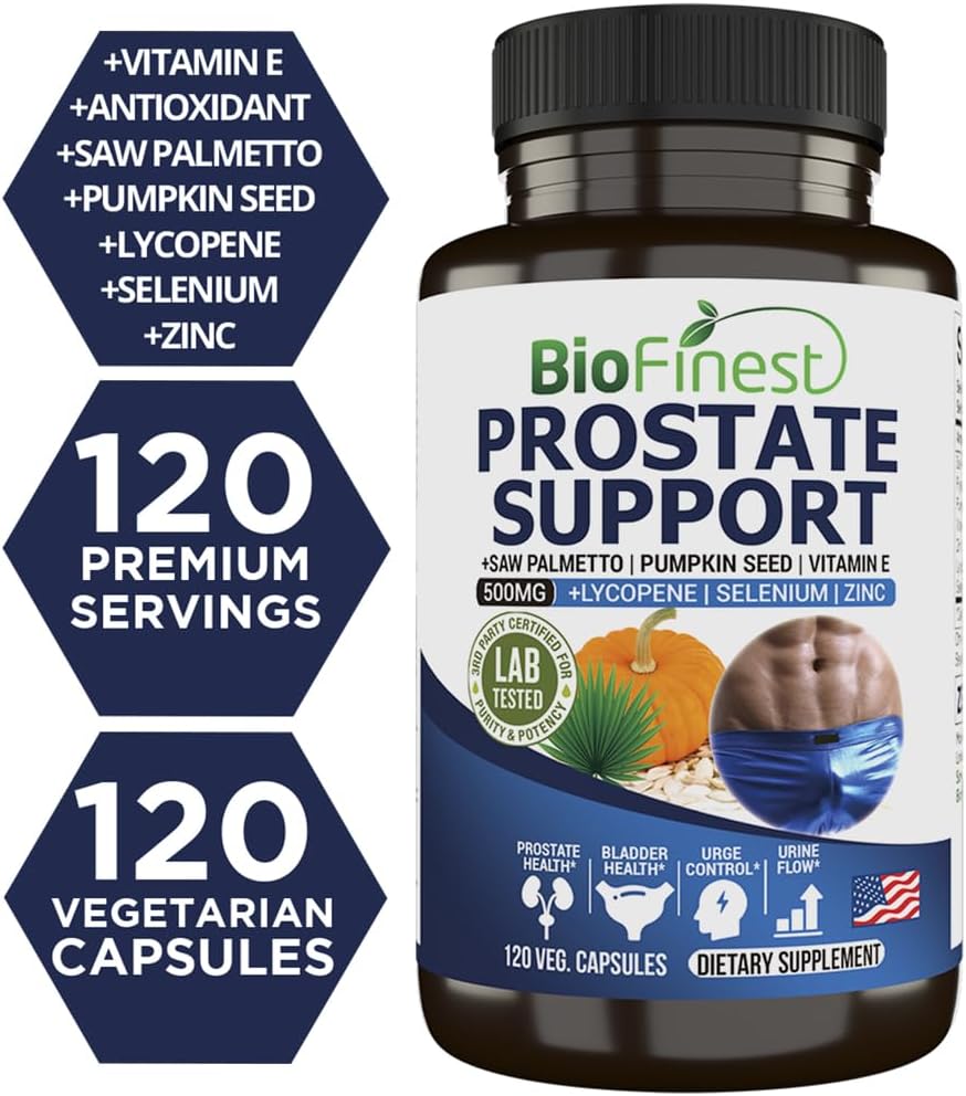 Prostate Support Supplement for Men - Saw Palmetto, Lycopene, Pumpkin Seed, Pygeum, Zinc, Selenium - Promotes Healthy Bladder and Prostate Function - 120 Veg Capsules - Made in USA